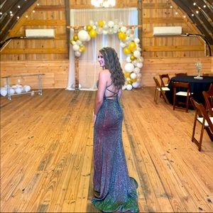 Silver/Metallic Dave and Johnny prom dress w/ corset back. Only been worn once!